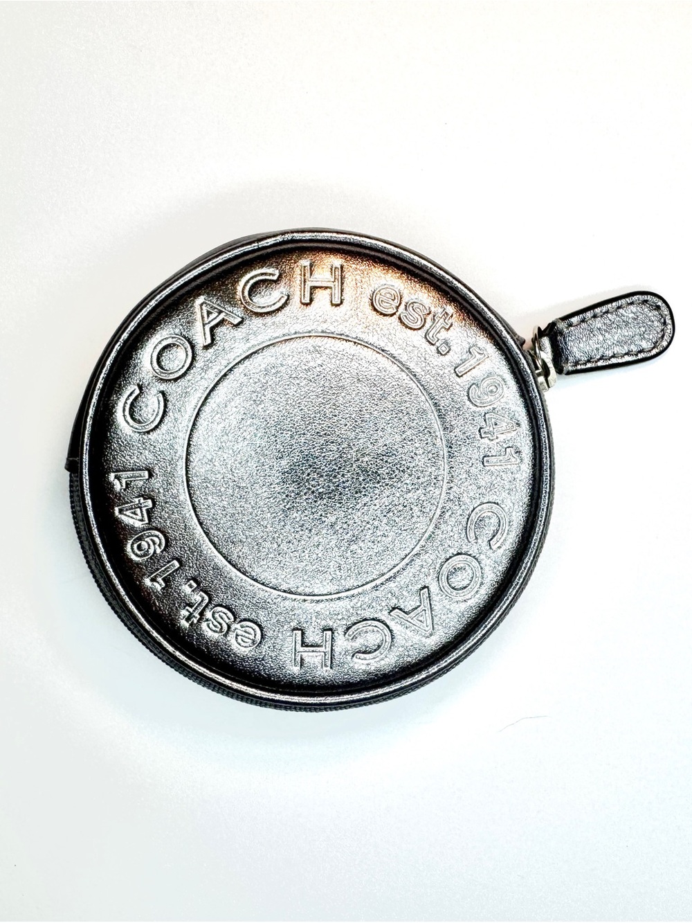 Coach Est. 1941 Metallic Silver Round Coin Purse Keychain Zip Pouch